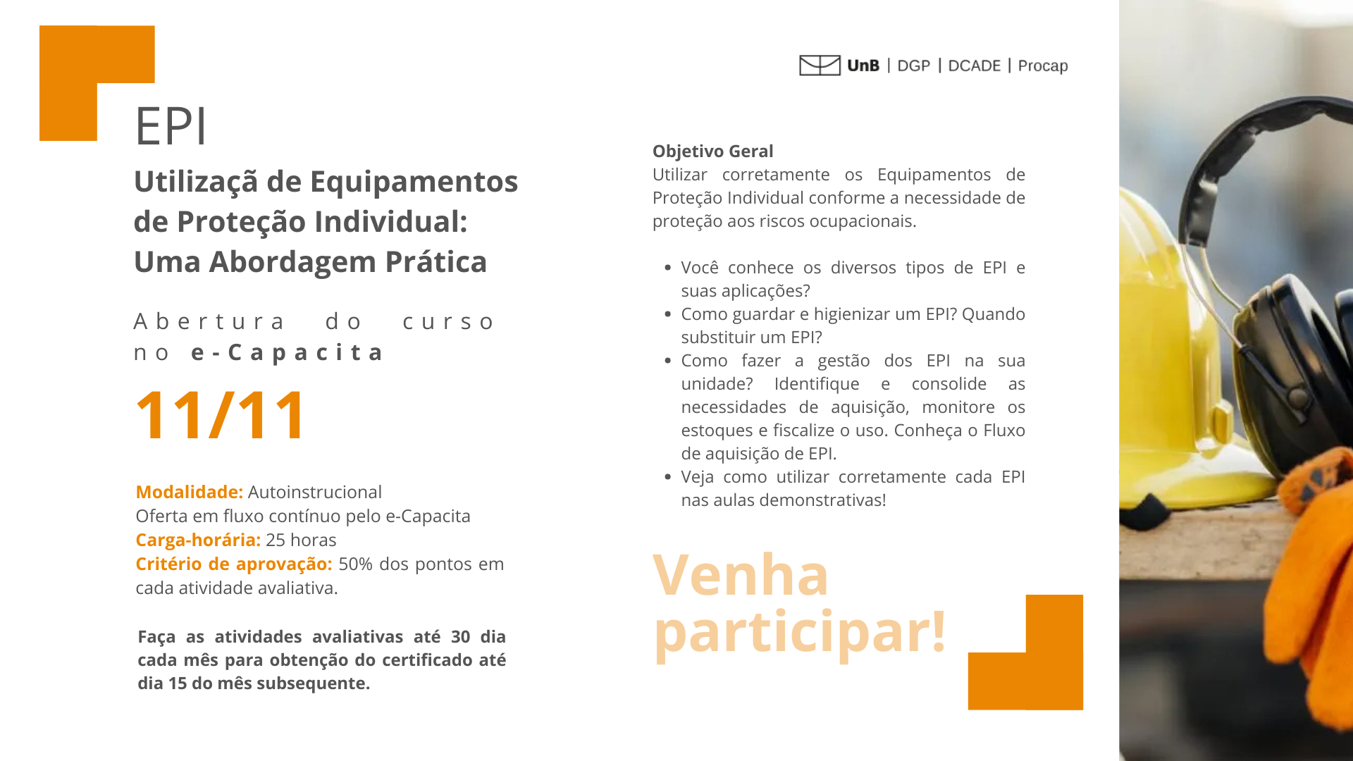 INSCRIÇÕES ABERTAS!!! Utilização de Equipamentos de Proteção Individual: Uma Abordagem Prática  