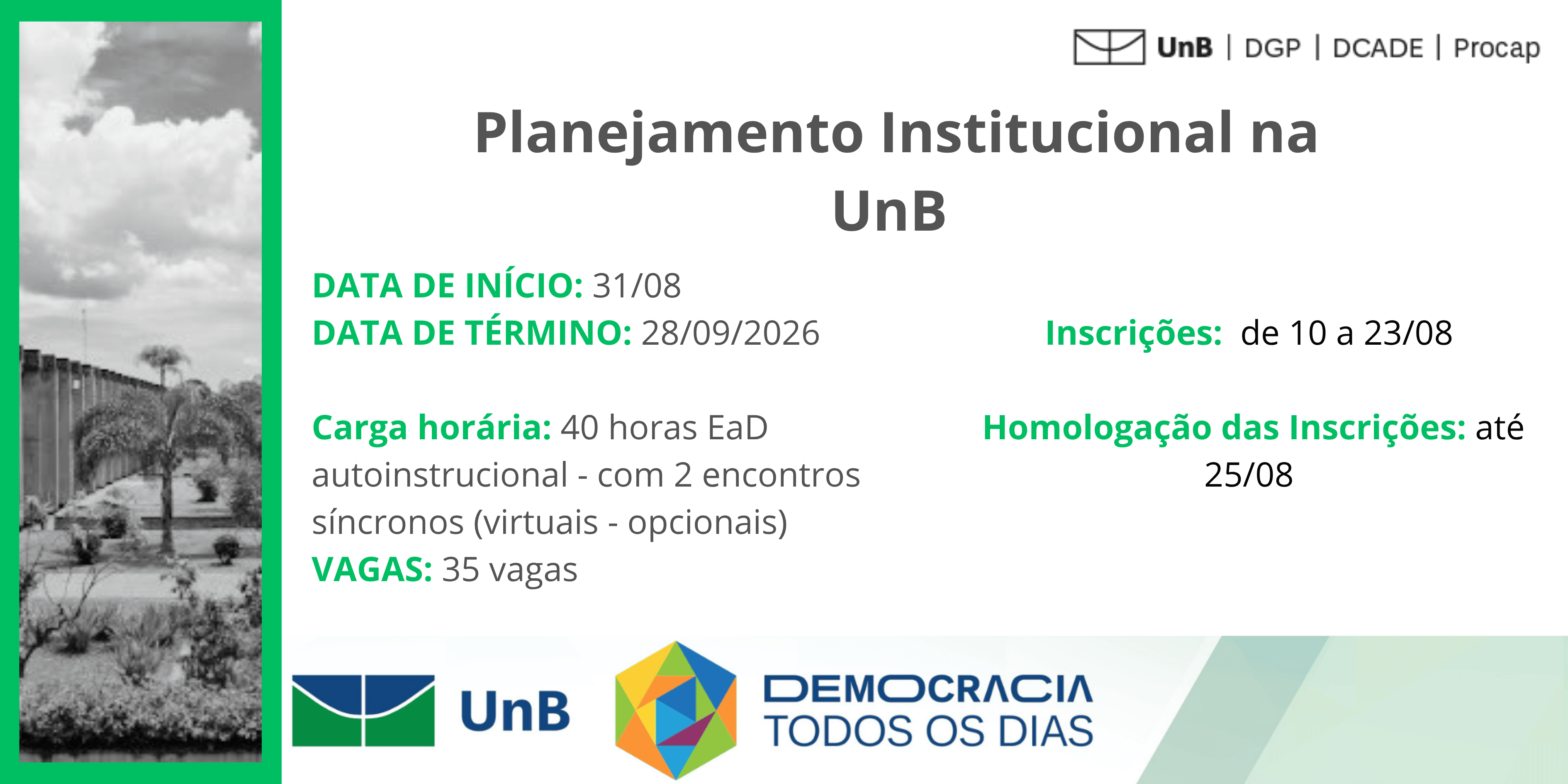 INSCRIÇÕES ABERTAS! Curso Planejamento Institucional  na UnB