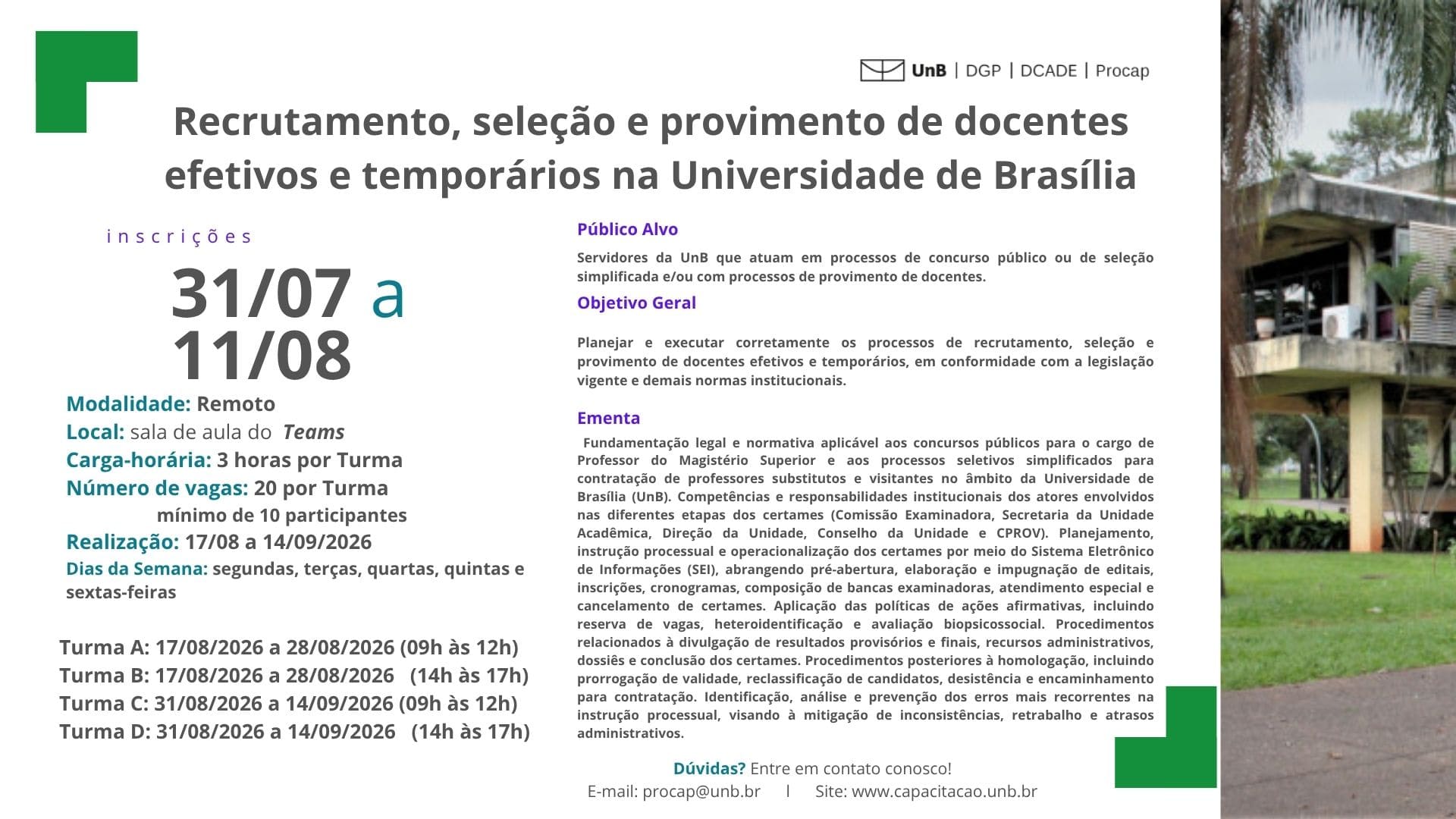 INCRIÇÕES ABERTAS!!! Recrutamento, seleção e provimento de docentes efetivos e temporários na Universidade de Brasília